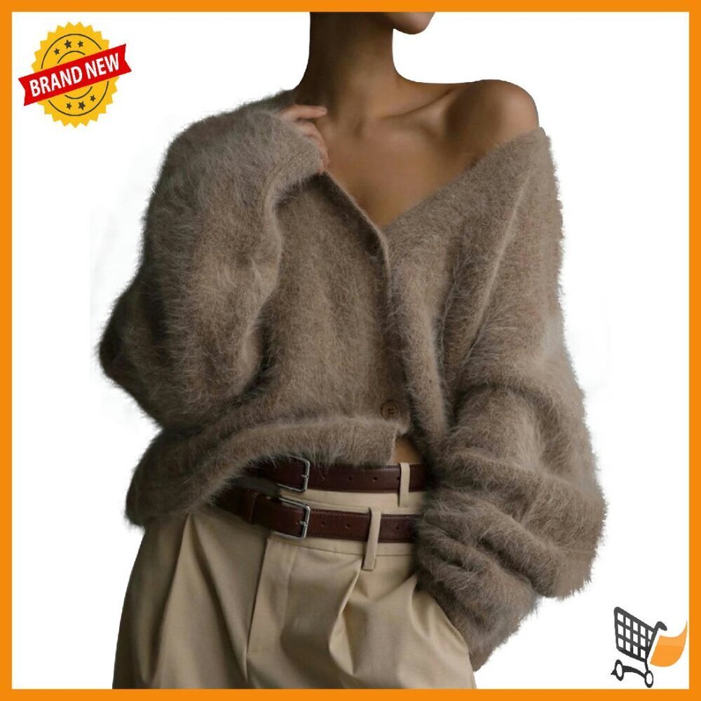 Fuzzy V-Neck Cardigan Long Sleeve Button Down Soft Plush Drop Shoulder